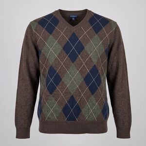 Croft & Barrow Mens XL Brown Sweater V-Neck Argyle Cotton‎ Wool Blend Pullover
